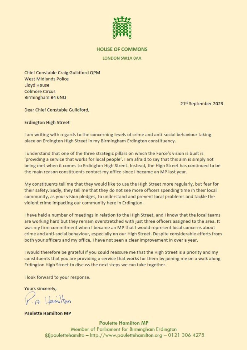 Letter to WM Chief Constable 