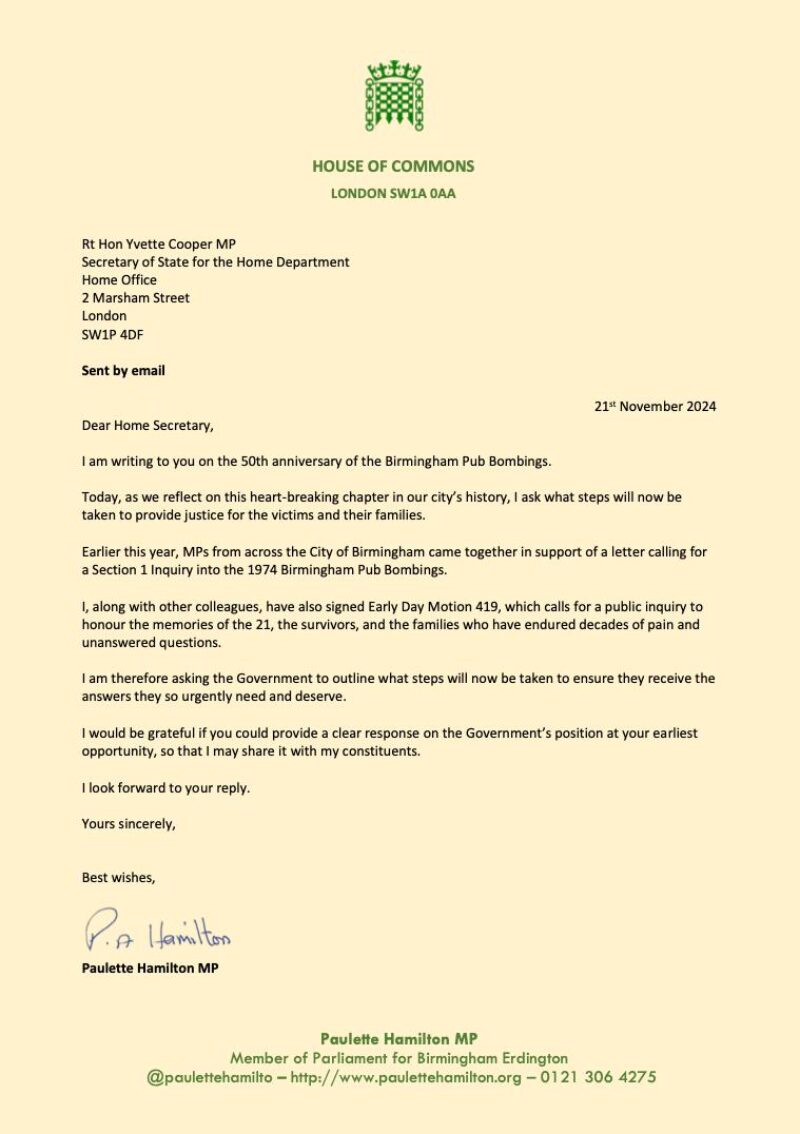 Letter to the Home Secretary